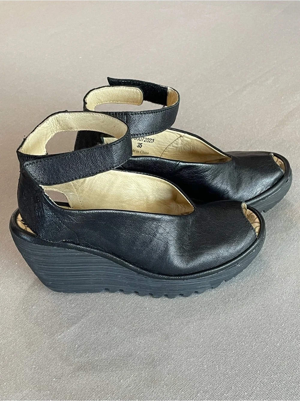 Fly London Black Leather Peep Toe Platform Wedge Sandals with Ankle Strap
